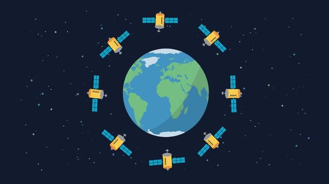 2D animation of Earth with multiple satellites orbiting around it on a dark space background. Smooth looping motion is ideal for astronomy videos, global communication concepts, and educational scienc