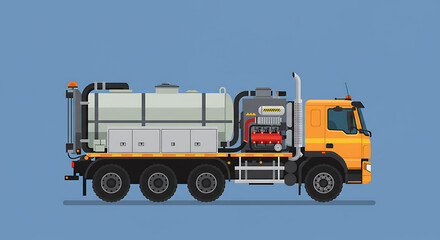 Fototapeta premium Illustration of a Yellow and Gray Tank Truck on a Blue Background, perfect for industrial and transportation themes