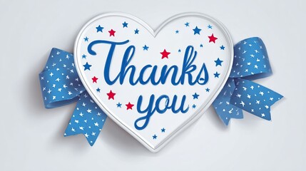 Heart with "Thanks you" message and bow, stars, in patriotic red, white, and blue