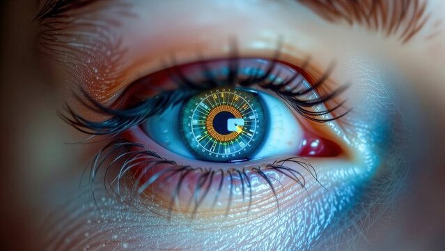 Eye with intricate digital patterns symbolizes innovation and technology, showcasing future of women in blockchain industry