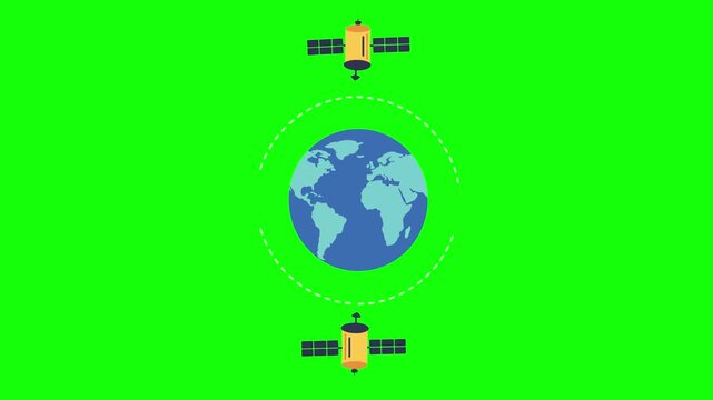 Flat vector animation of a satellite positioned above the Earth, rotating in orbit on a green chroma key background. Perfect for motion graphics overlays, educational scenes, or science toolkits.