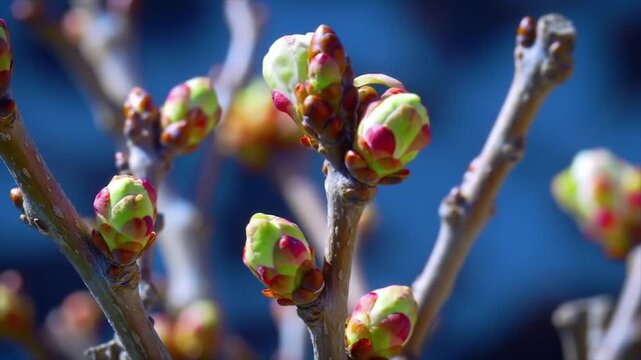 Close-up of budding branches in spring. Vibrant green and red buds on twisted branches. Serene springtime renewal with soft blue backdrop.