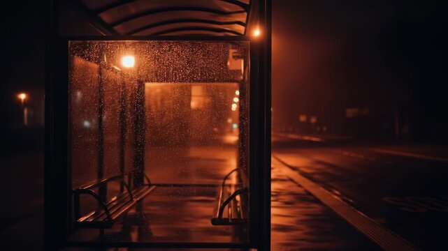 Empty bus stop at night in the rain, illuminated by street lights, transportation and loneliness concept.