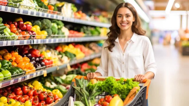 Happy woman pushing shopping cart full of groceries at supermarket aisle, healthy lifestyle