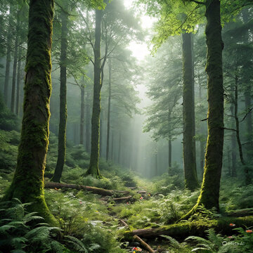 Enchanted Morning In a Mossy forest.The Ludt Greenety and Ethereal Lighthing Tvoke a Scene of Peace .