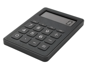 A close up shot of a dark gray calculator with a zero displayed on the screen against a black background