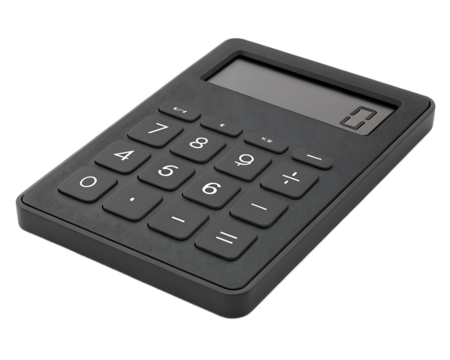 A close up shot of a dark gray calculator with a zero displayed on the screen against a black background
