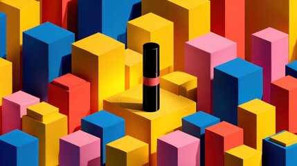 Colorful geometric shapes and a single product.