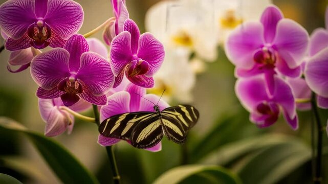 Striking zebra longwing butterfly gracefully flitting among vibrant pink orchids. Floral beauty, nature's elegance.