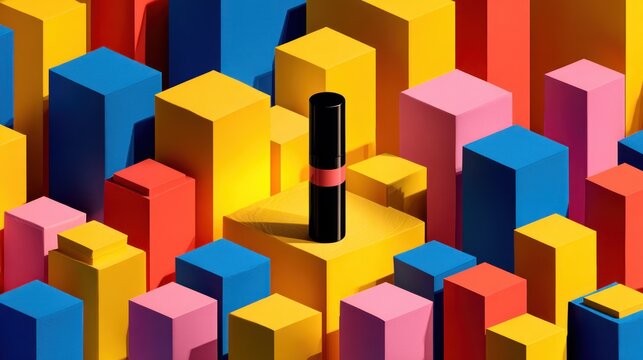 Colorful geometric shapes and a single product.