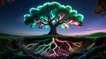 A majestic tree of life with its roots exposed underground, glowing with neon lights in a nighttime setting - Powered by Adobe
