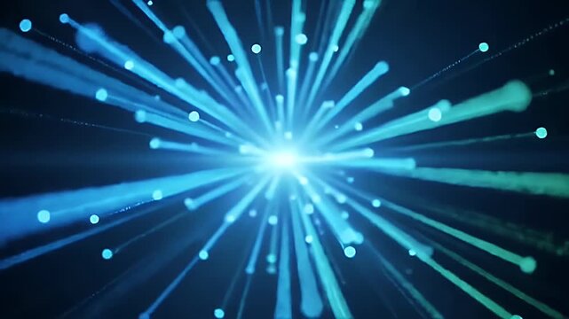 Dynamic Blue Light Streaks Radiating from Central Point on Deep Blue Background Creating Luminous Display Animation