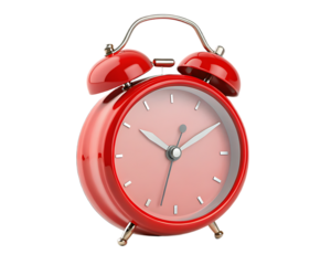 A vibrant red alarm clock with twin bells and silver accents against a stark black background