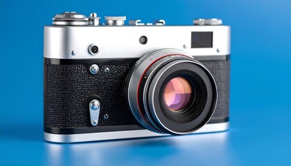 Vintage camera on a vibrant blue surface