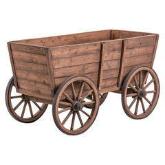 Fototapeta premium Wooden Cart on Wheels for Rustic Decorations or Displays isolated on transparent background.