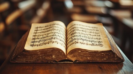 Obraz premium an aged musical score book spread open displaying classical notations on weathered pages evokes a sense of timeless artistry and reverence for musical heritage