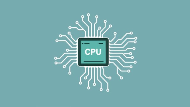 Central processing unit (CPU) computer chip with glowing circuit connections on a teal background. Great for IT, hardware concepts, and computer science visuals.