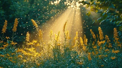 Obraz premium Golden wildflowers bathed in morning sunbeams