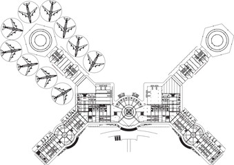 Vector sketch illustration silhouette architectural design section view interior plan site plan airport layout with runway for airplanes to drop off passengers 