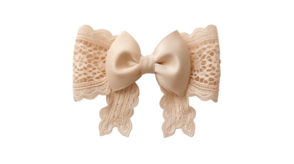 A delicate cream colored bow with lace trim accents on a transparent  background in a studio shot