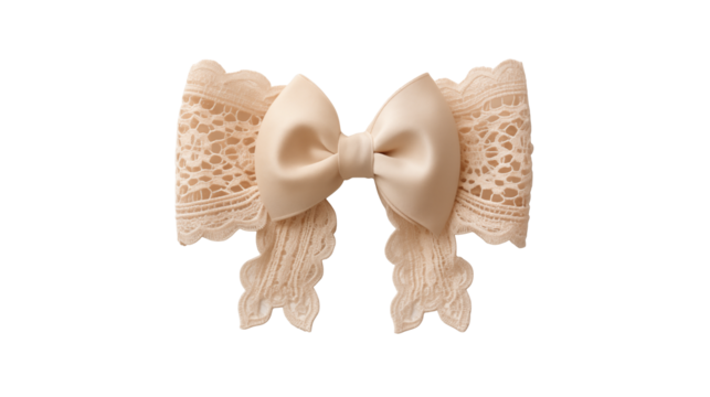 A delicate cream colored bow with lace trim accents on a transparent  background in a studio shot