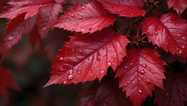 Close-up of vivid red autumn leaves adorned with sparkling water droplets, capturing seasonal beauty, rich textures, and the refreshing essence of fall nature.

