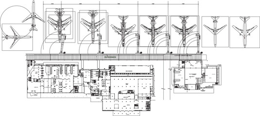 Vector sketch illustration silhouette architectural design section view interior plan site plan airport layout with track for airplane runway 