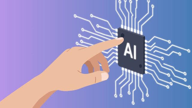 Flat-style animated video of a human finger interacting with a microchip labeled "AI" on a soft periwinkle gradient background. Represents artificial intelligence, neural computing, and smart technolo