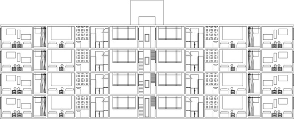 Vector sketch illustration silhouette architectural design section view interior plan site plan layout simple multi-storey apartment building 
