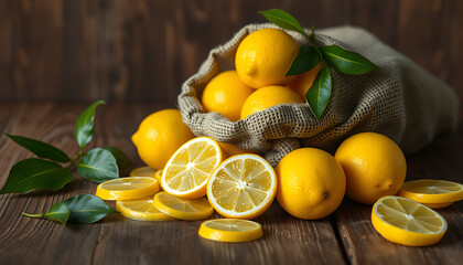 Fresh lemons spill from a burlap sack onto a rustic wooden surface with sliced lemons and leaves
