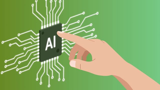Flat-style animation showing a finger interacting with an AI chip surrounded by electronic circuits on a green gradient background. Represents smart technology, machine learning, and futuristic comput