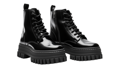 A pair of black glossy platform boots with laces and zippers against a transparent  background studio shot