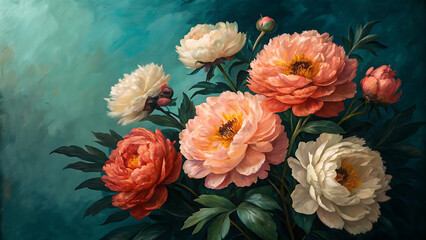 Vibrant peony bouquet with lush greenery on teal background