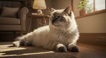 Relaxed Siamese Cat Lying on Sunlit Carpet in Cozy Living Room