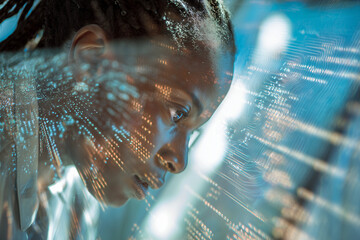 Focused black woman reading digital code on transparent screen