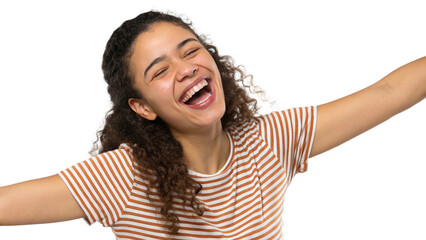 A young woman with curly hair is laughing joyfully with her arms outstretched on a transparent background