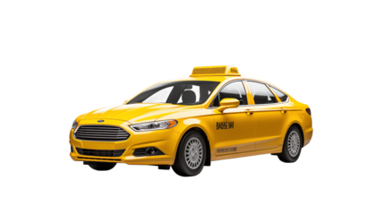 A yellow taxi cab sits stationary against a plain transparent  backdrop in a studio setting view from the side