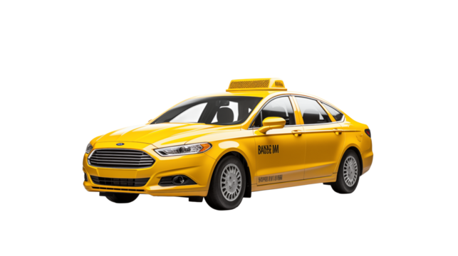 A yellow taxi cab sits stationary against a plain transparent backdrop in a studio setting view from the side