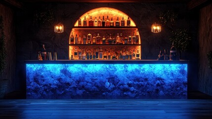 Mystic Blue Bar:  A dimly lit, stylish bar with a blue-lit stone counter, shelves stocked with liquor, and warm lighting, creating a sophisticated and mysterious atmosphere.