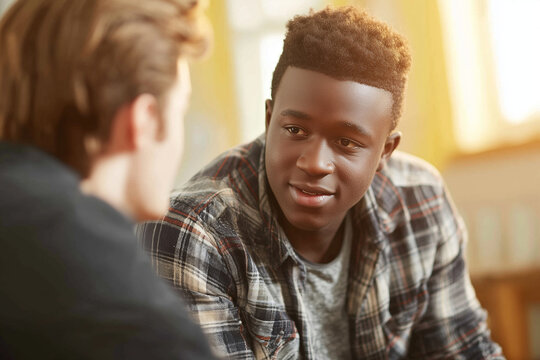 Black teenage boy talking to friend in warm sunlight indoors