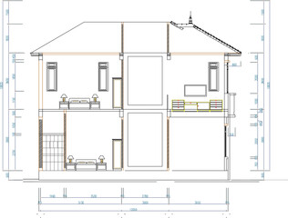Vector sketch illustration silhouette drawing of architectural design landscape plan site plan layout section view facade of a simple two-story house with scale size