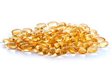 Cod liver oil capsules isolated on white background.