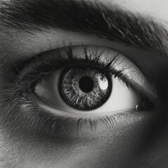 Close-up black and white photo of a human eye showing intricate details of the iris, eyelashes, and surrounding skin texture.