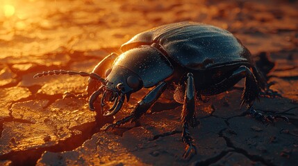 Dark beetle on cracked earth at sunset