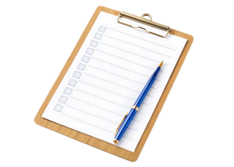 A clipboard with a checklist and a blue pen on top of it against a black isolated background
