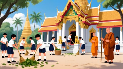 Thai students cleaning temple grounds with monks observing in a traditional Buddhist temple setting, cartoon illustration
