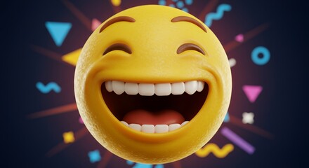 Happy Laughing Emoji Character Bright Yellow Smiling Face with Open Mouth and White Teeth in Colorful Confetti Background