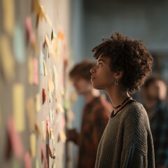 Fototapeta premium A woman attentively studies colorful sticky notes on a wall, likely brainstorming or planning in a collaborative workspace.