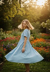 Fototapeta premium Woman in Light Blue Dress Spinning in Vibrant Flower Garden