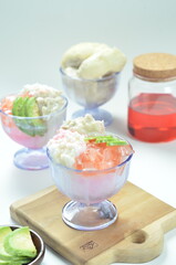 Ice coconut kopyor durian, a refreshing drink that combines the freshness of ice kopyor with the sweet and distinctive taste of durian fruit